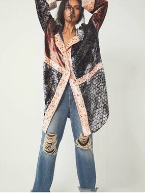 We The Free Navy, Rust & Blush Velvet Patchwork Shirt Jacket cardigan #A8